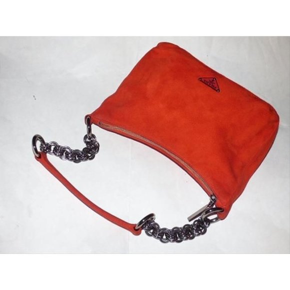 Prada Reddish Orange Suede And Leather Shoulder Purse  With A Chrome Chain - Picture 4 of 8